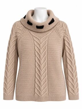 Size M Karl Lagerfeld Paris Cable Knit Cowl Neck Sweater Beige